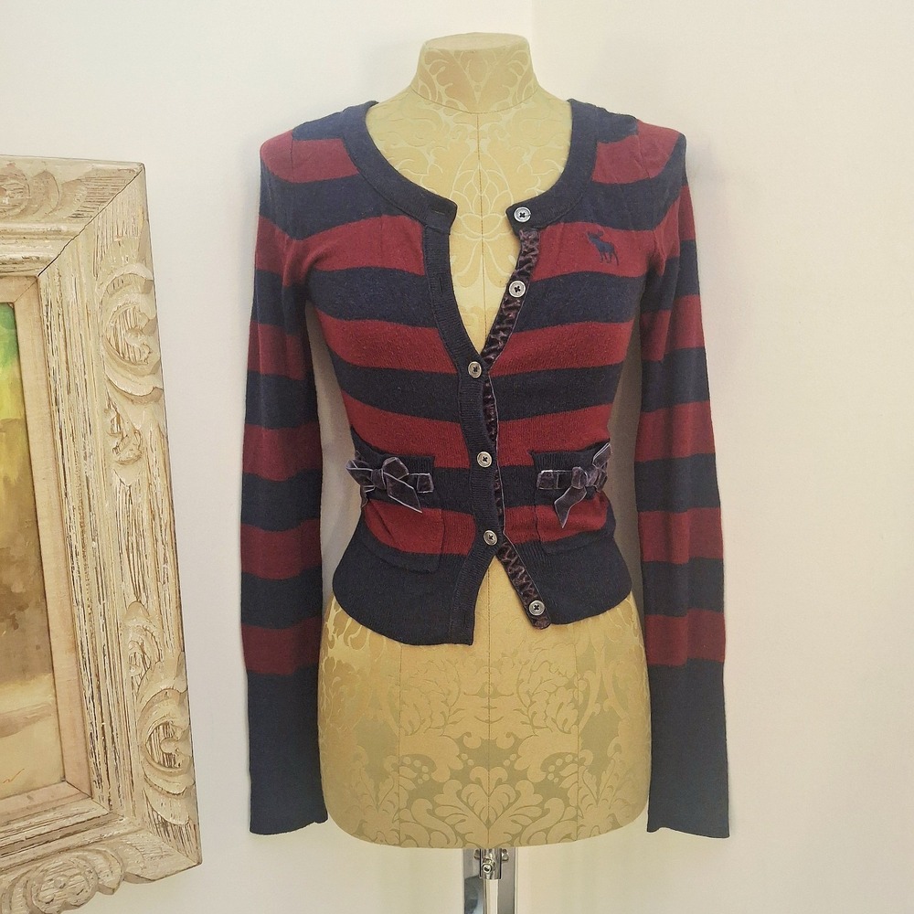 Y2K RARE!!! Abercrombie & Fitch Maroon Navy Striped Cardigan‎ Velvet Bow Pockets